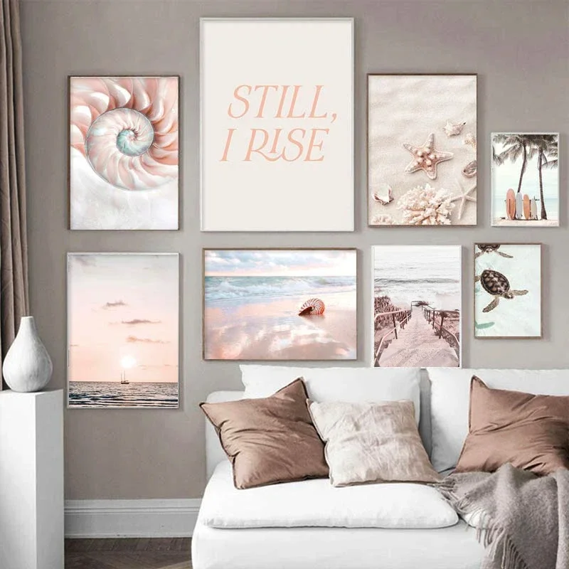 Beach Sea Wave Bridge and Starfish Shell Posters, Pink Ocean Sunset Canvas Painting, Wall Art Prints, Nordic Room Picture, Home