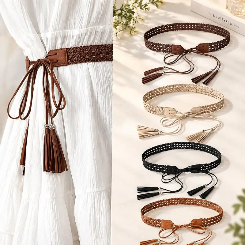 Women's Bohemian Style Rope Long Tassel Braid Hollow Out Waist Belt Dress Shirt Decorative