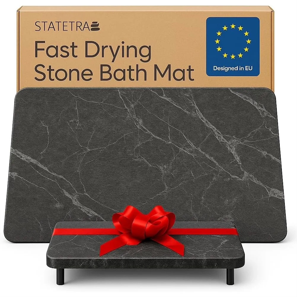 

Stone Bath Mats for Bathroom - Diatomaceous Earth Quick-Dry Bath Mat, Anti-Slip Natural Stone Shower Mat, 2 Pack (Black Marble)