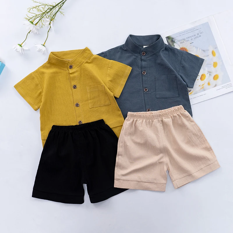 2Pcs Summer Children Boys Clothes Set Kids Solid Lapel Collar T-shirt Tops+Shorts Outfit Baby Casual Fashionable Clothes Set