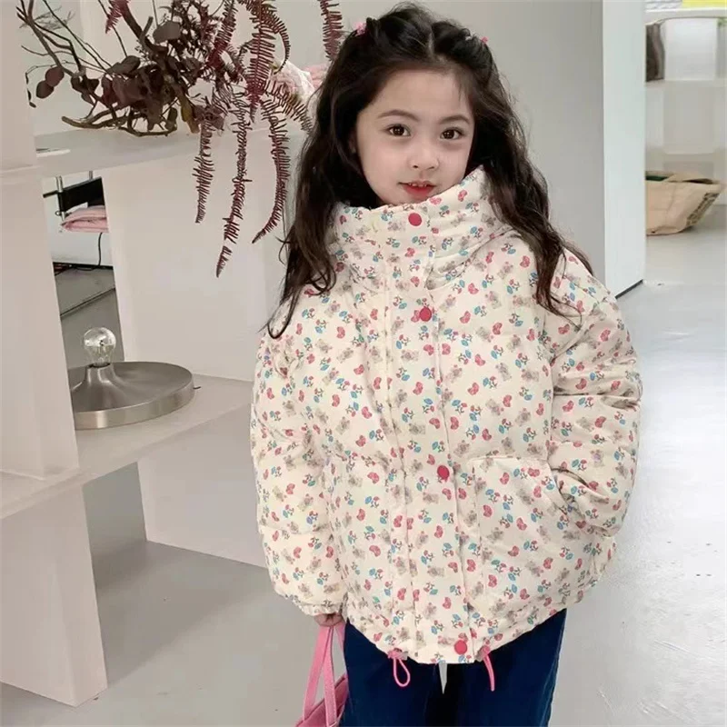 Girls Thicken Parkas Kids Plus Velvet Down Coats Winter Children Padded Warm Jackets Baby Hooded Clothing Infant Print Outerwear