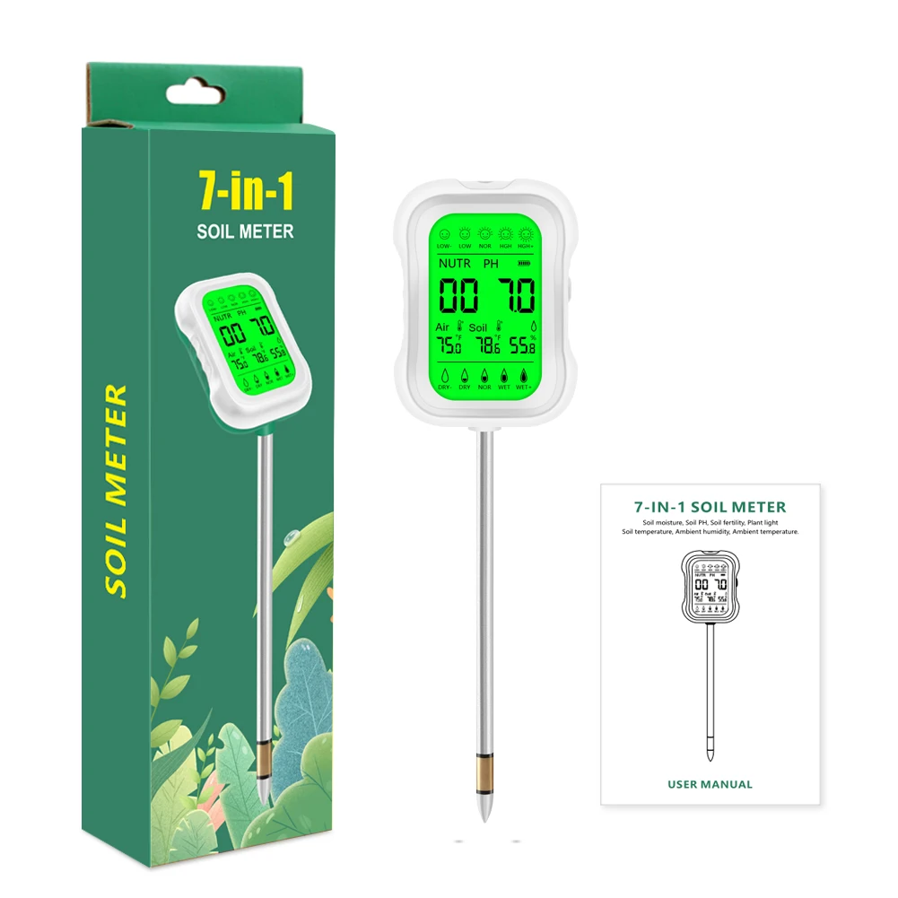 

Rotatable 7 In 1 Soil PH Meter Backlit Display Light Nutrient Air Humidity Ambient Temp Sensor Tester Garden Farm Soil Analyzer