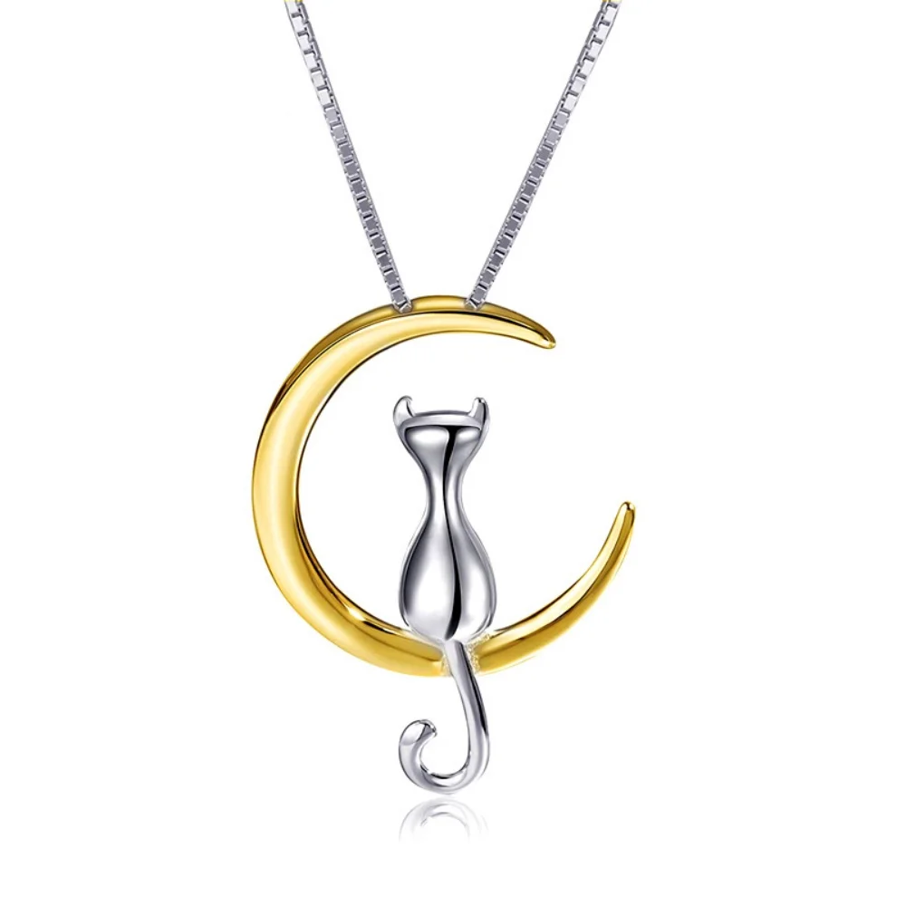 RoRo 925 Sterling Silver Necklace For Women Moon Kitten Cat Necklaces & Pendants Link Chain