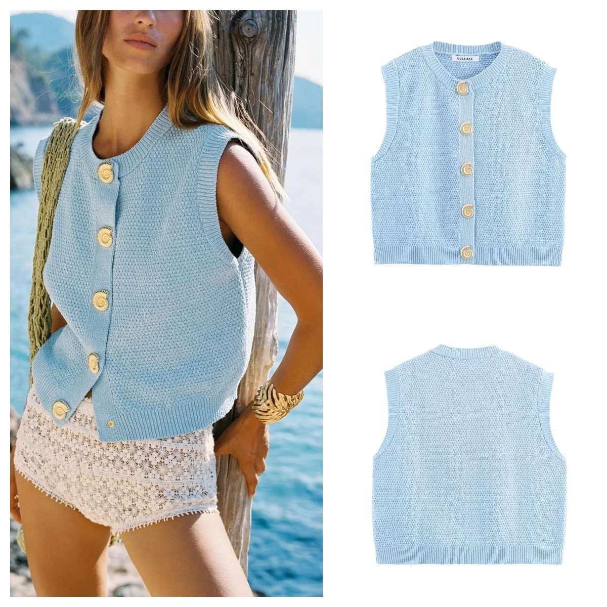 

European and American style new single-breasted round-neck sleeveless textured knitted vest top