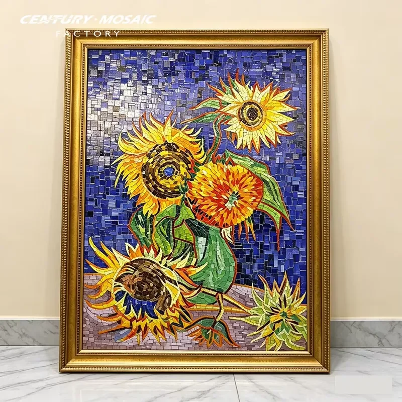 Centurymosaic Customized Multi Colors Sunflower Mural Handmade Art Glass Mosaic Tiles Murals for Living Room Wall and