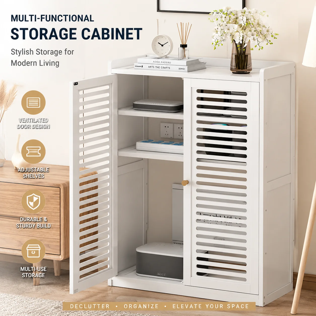 WiFi-Friendly Multi-Use Storage Cabinet for Routers, Media Devices & Living Room Organization