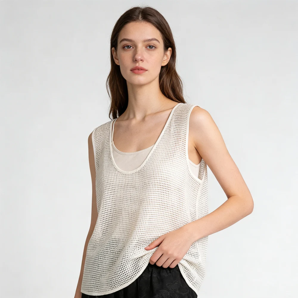 2026 Summer New Knitted 100% Natural Mulberry Silk Stacked Tank Top Loose U Neck Hollow Sleeveless Solid Color Tank Top