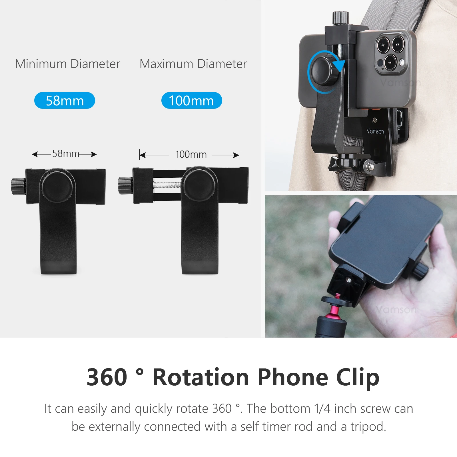 Vamson – Clip de téléphone portable à 360 degrés, support de sac à dos pour iPhone Samsung, ceinture d\'épaule pour accessoires de Smartphone