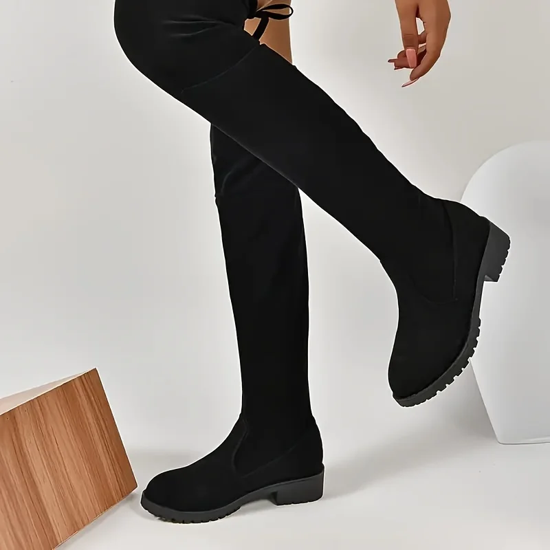 Faux Suede Female Heels Autumn Zipper Elastic Knee-high Boots for Women Tube Lace-up Thigh High Boots Black Botas Mujer