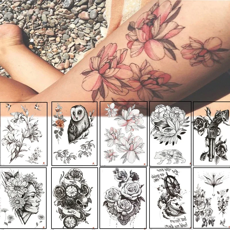 1Pcs Temporary Tattoo Black Flower Tattoo Sleeve Water Transfer Tattoo Tattoo Cat Rose Tattoo Body Art Sexy Tattoo Couple Arm