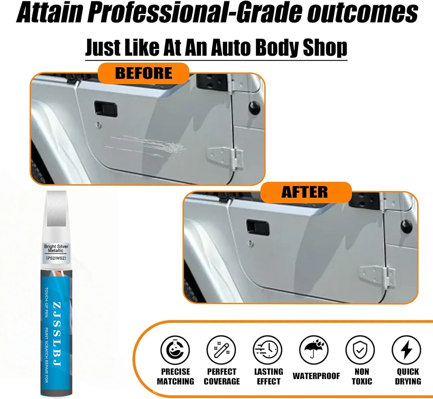PS2/WS2 Bright Silver Metallic Car Paint Pen Scratch Repair Two-In-One Touch up Paint for Jeep Premium Quality