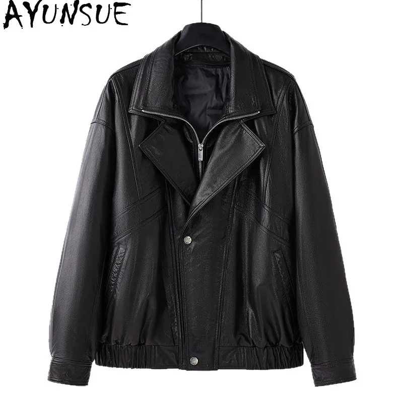 

AYUNSUE 100% натуральная коровья кожа, пуховики для мужчин, зимние короткие свободные белые пальто на утином пуху, трендовая куртка из натуральной кожи с лацканами