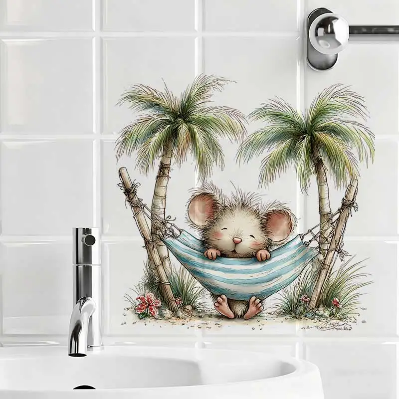 Cute Mouse Summer Beach Wall Sticker Bathroom Toilet Decor Living Room Cabinet Refrigerator Home Decoration Decals Stickers S942
