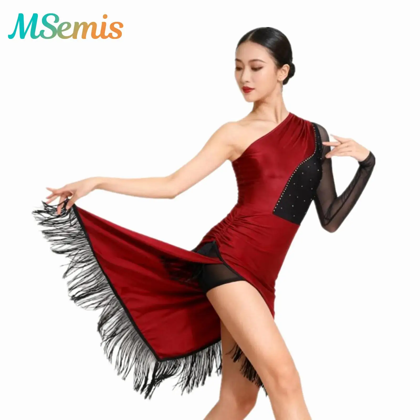

Womens One Shoulder Shiny Rhinestones Tassel Latin Dance Fringe Dress Rhinestones Salsa Tango Ballroom Dance Performance Costume