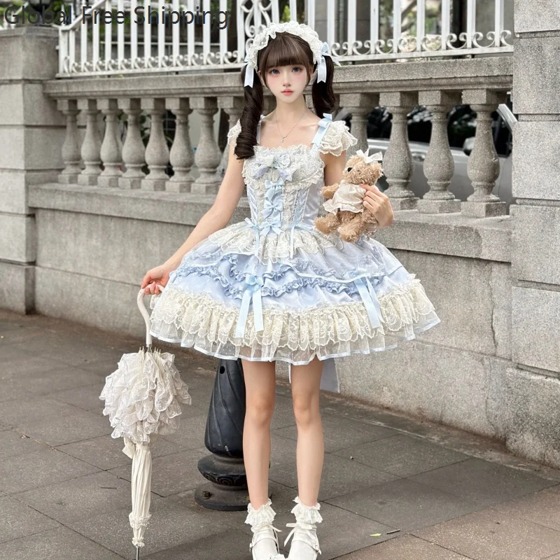 

Japanese Kawaii Lolita Jsk Dress Sweet Women Y2k Bow Ribbon Lace Ruffles Princess Party Dress Ballet Style Girls Cute Mini Gown