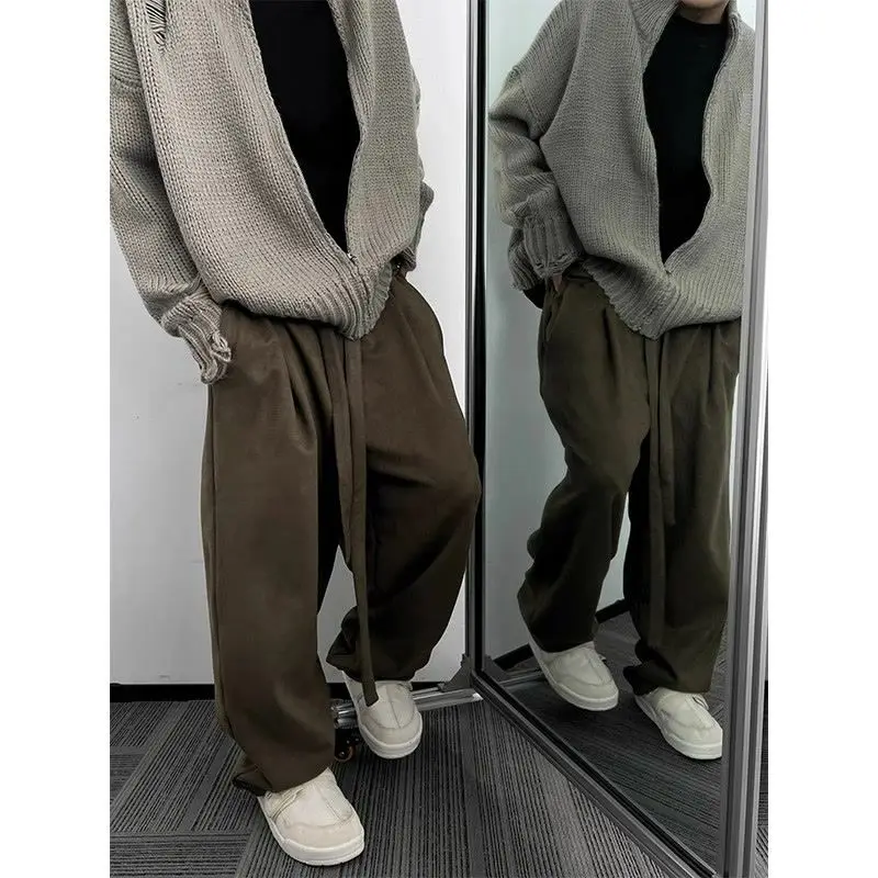 

2025 American retro streamer suede scimitar pants cleanfit pants men's bf lazy style loose wide-leg straight pants