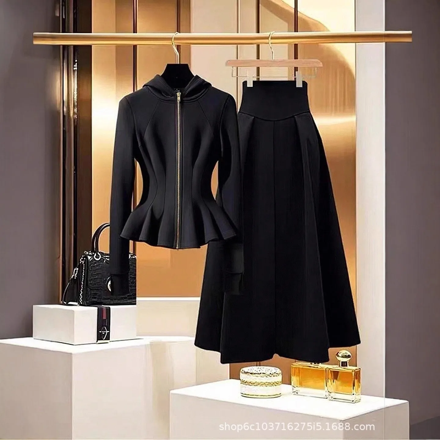 

Elegant Women's Dress Midi Long Sleeve Poly Spandex Dresses Solid Black High Waist A Line Skirt Set Peplum Hem Front Zipper Two