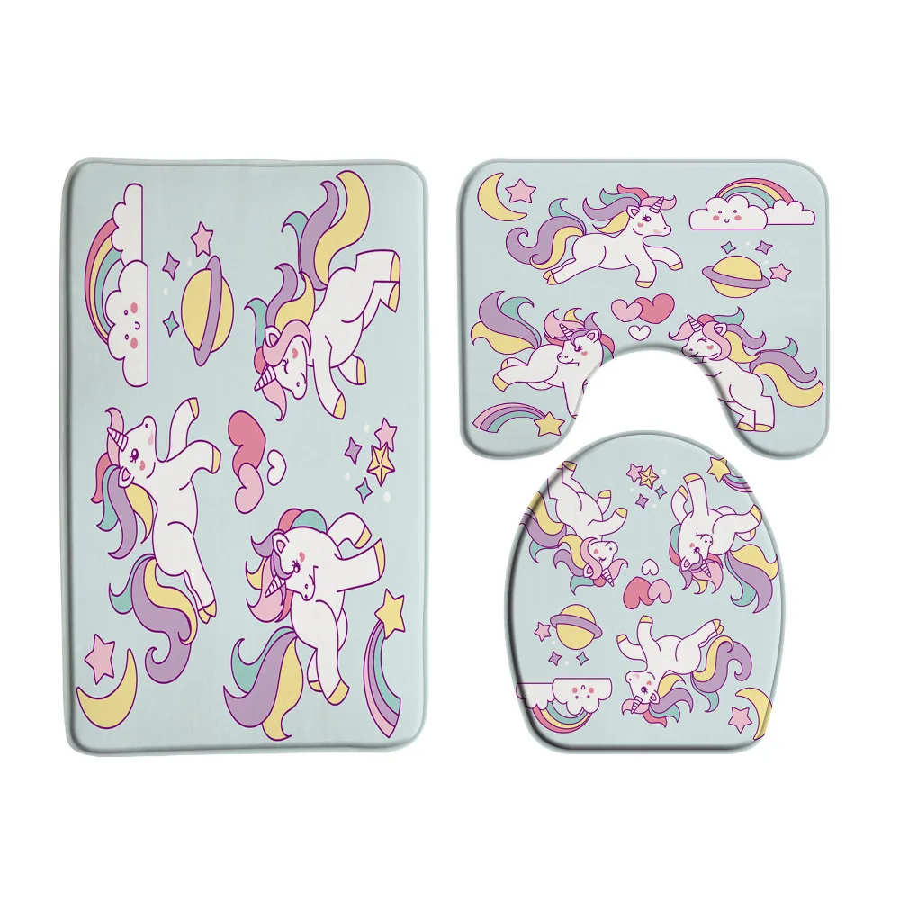 Unicorns Rainbow Cute Cloud Bath Mat Set Abstract Colorful Animal Kid Girl Bathroom Doormat Non Slip Carpet Rug Toilet Lid Cover