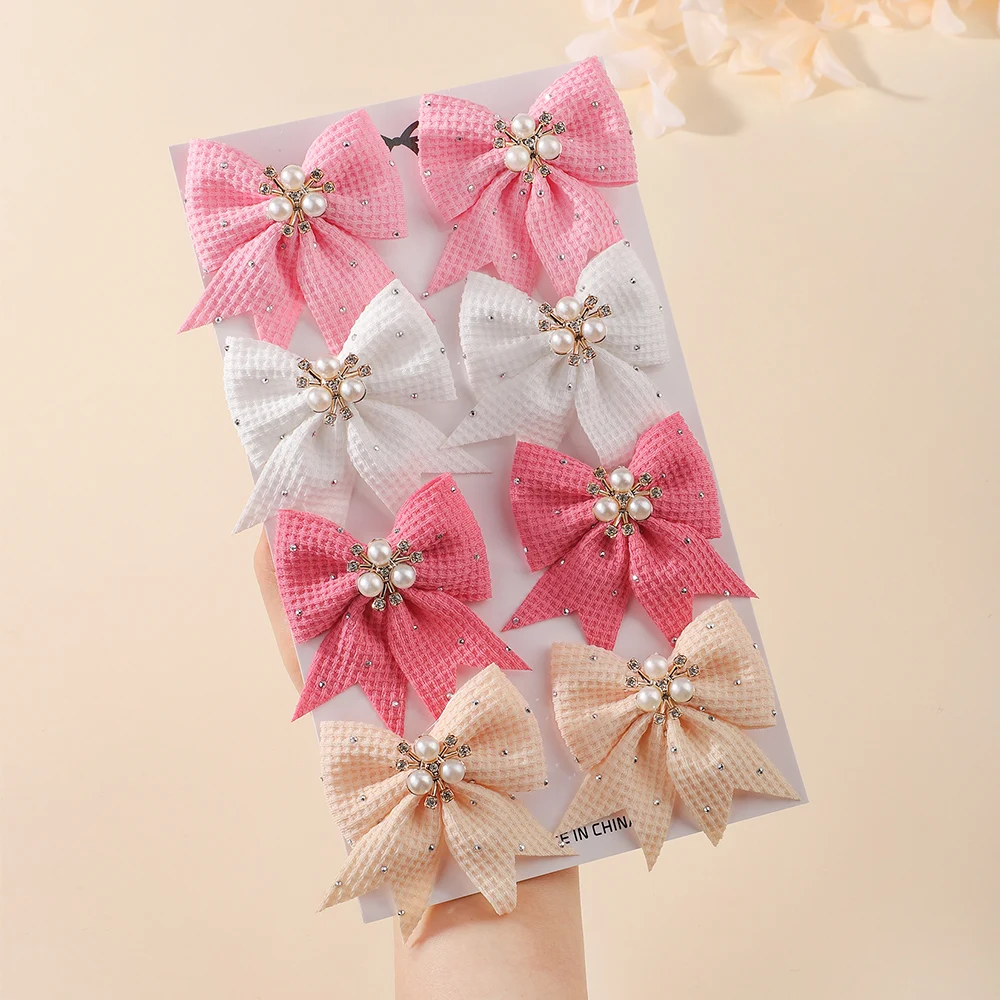 4 Pairs Sweet Girls Hair Accessories Waffle Fabric Pearl Rhinestone Bow Hair Clips Duckbill Barrettes