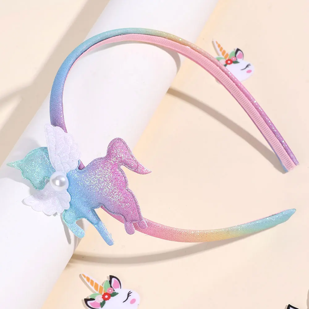 Cute Glitter Unicorn Hair Hoop Sparkly Wing Sequin Headband Girls Pearl Hairbands Kids Party Hair Accessories Princess Headwear