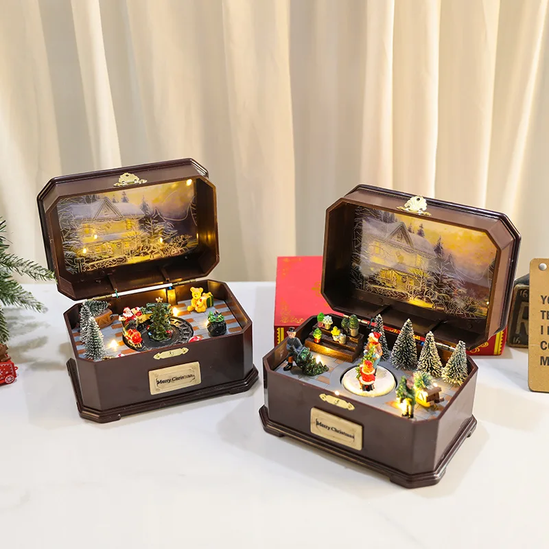 

Christmas Music Box Christmas Decorations Will Rotate and Glow with Music USB Battery Dual-use Children's Gifts.