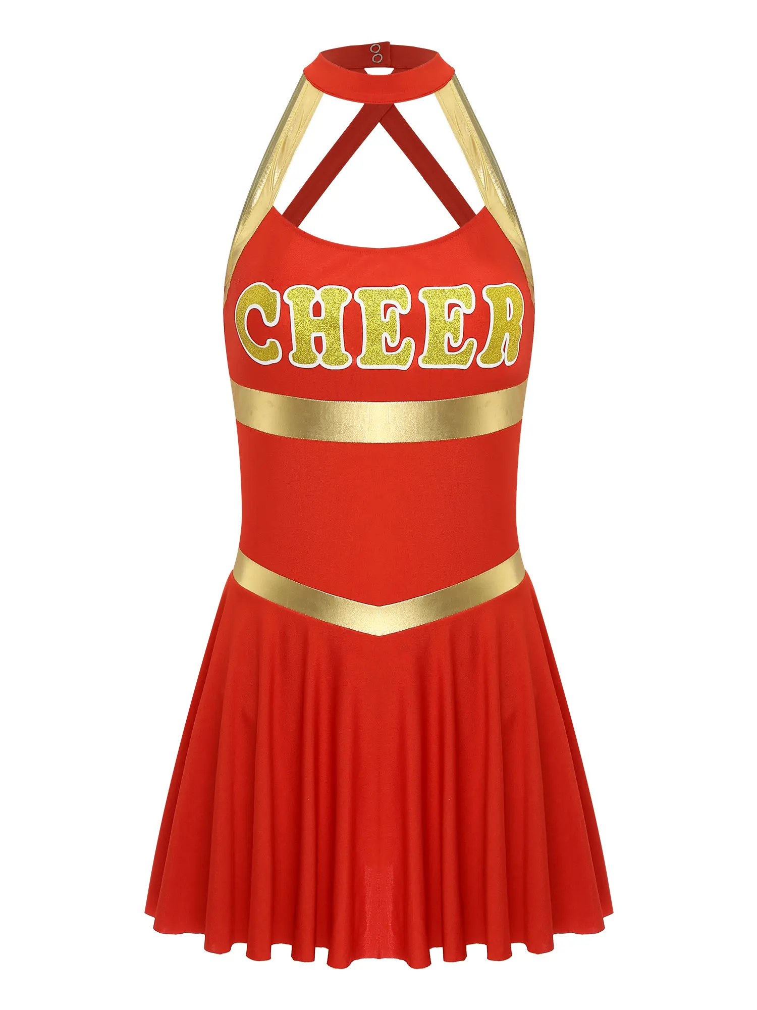 Womens Schoolgirl Cheerleading Costumes Sleeveless Strappy One-Piece Bodysuit Dress Halloween Carnival Cheer Leader Outfits