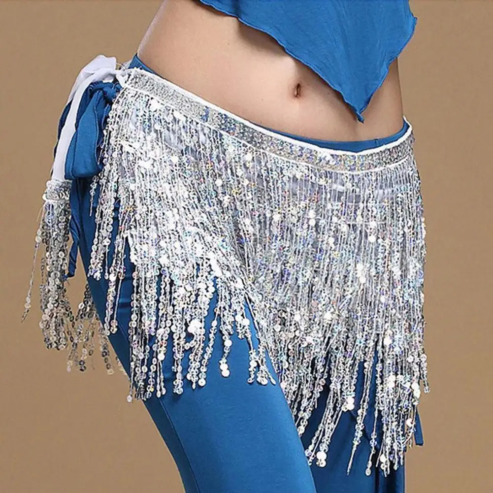 1Pc Belly Skirt Sequins Decor Eye-catching Tassel Costume Breathable Shiny Viscose Belly Dance Hip Scarf for Adult Dance Wear