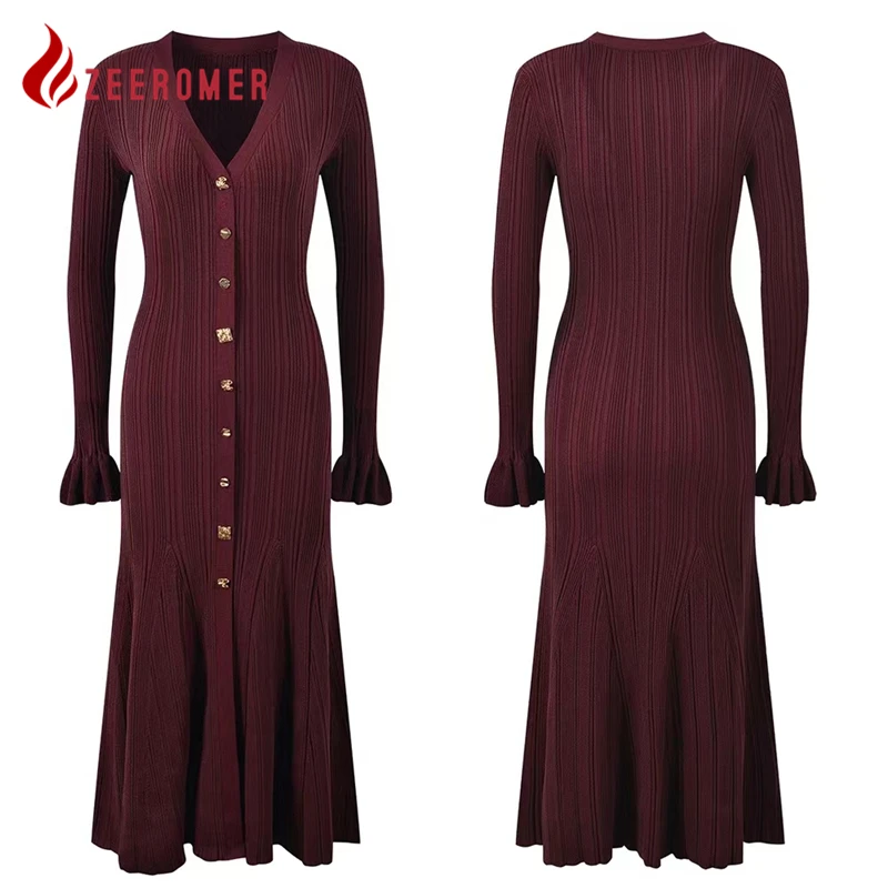 2025 New High Quality Elegant Runway V-neck Long Sleeve Knitted Mermaid Long Dress Women Metal Single Breasted Warm Party Dress