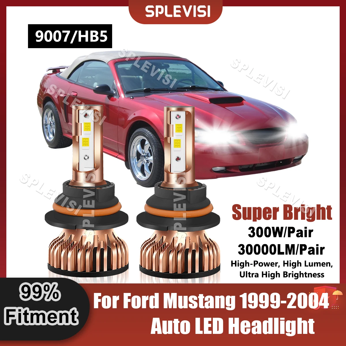 

Pair 9007/HB5 LED Headlight High Low Beam Bulbs 9V-24V 300W 30000LM For Ford Mustang 1999-2004 1999 2000 2001 2002 2003 2004