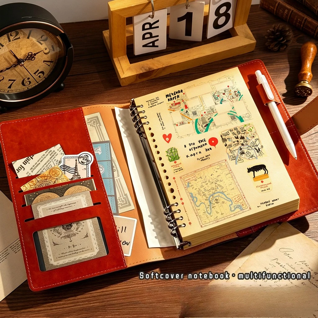 A5 Retro Kraft Travel Journal with Detachable Soft Cover Snap Closure,With Loose-leaf Pages - Line Notebook for Notes