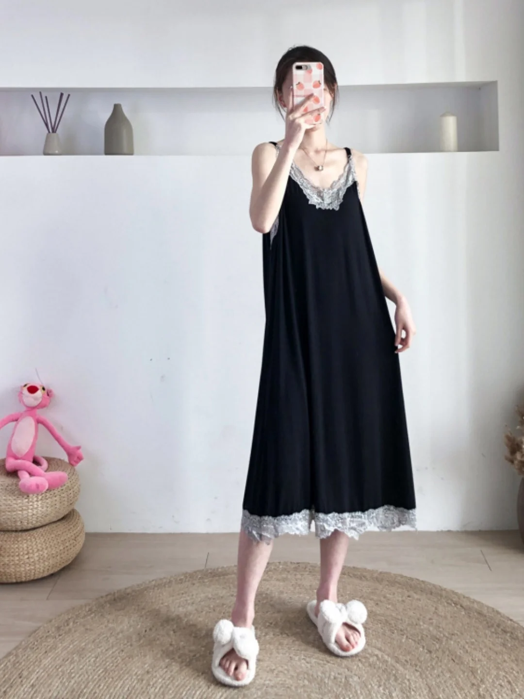 

Sexy Lace Trim V-Neck Strap Long Knee-Length Home Sleeveless Sleepwear Dress Large Size Comfortable Summer Thin Fabric