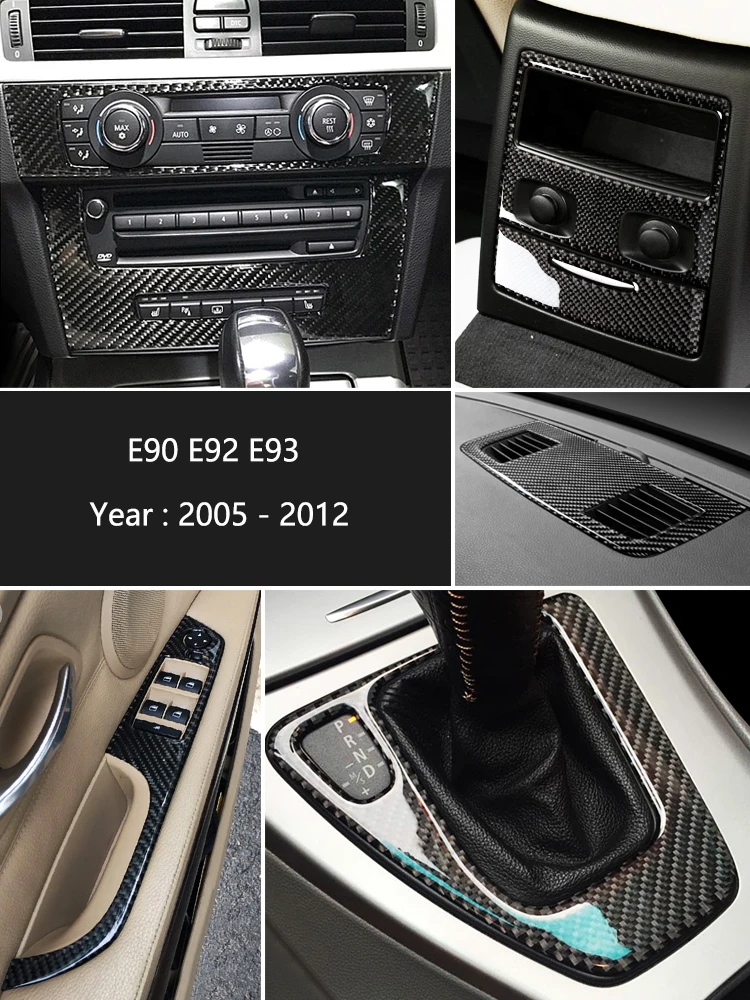 Accessoires autocollants en fibre de carbone pour BMW Série 3 E90 E92 E93 : garniture de protection pour levier de vitesse, panneau de climatisation, lecteur CD et accoudoir de porte