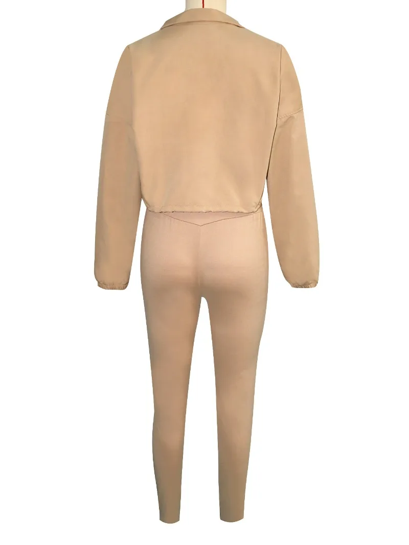 Setelan 2 Potong Wanita Kasual Sporty, Atasan Crop Berkerah Lipat Lengan Panjang dengan Ritsleting + Celana Skinny Pinggang Tinggi