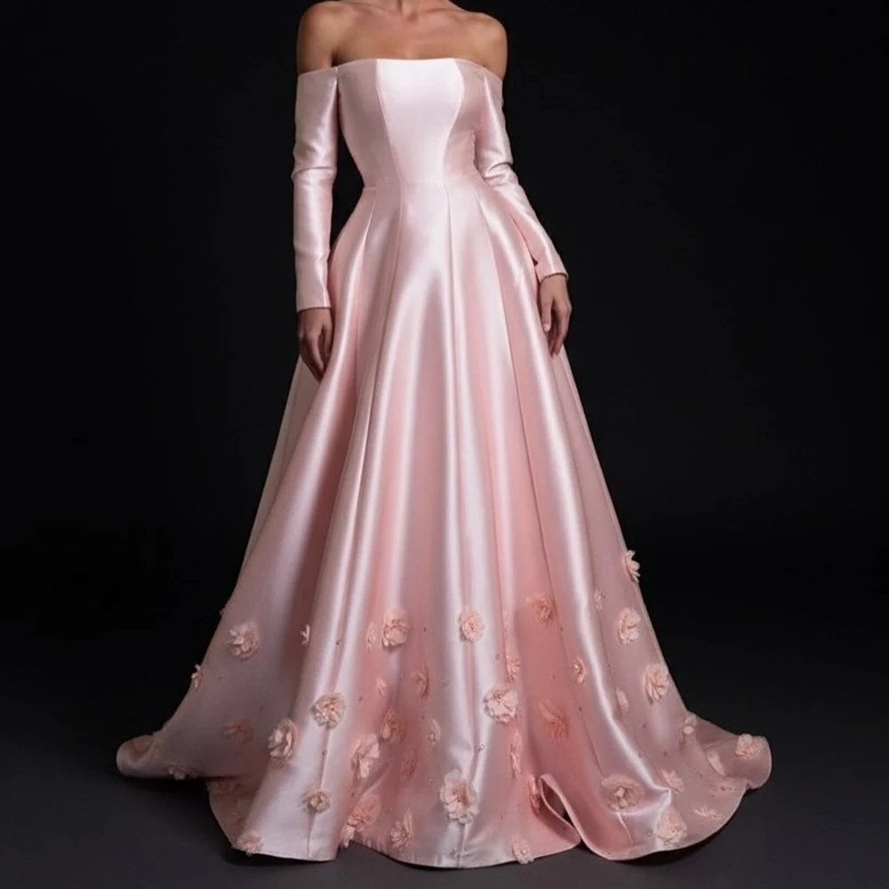 

Customized Mermaid Evening Dresses Floor-length Off The Shoulder Full Sleeve Prom Gown Fashion Flowers Simple Draped Party Gown