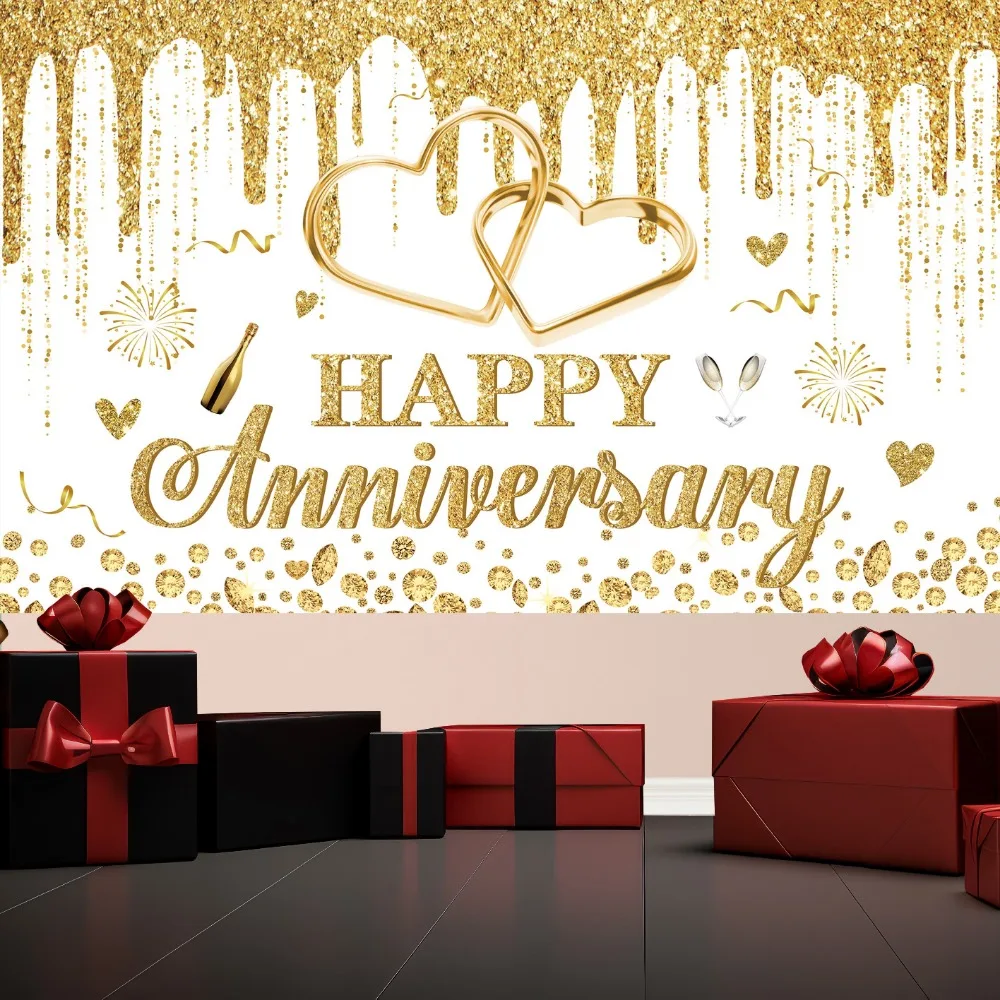 Happy Anniversary background Gold and white banner decoration, gold dripping glitter crystal photography background