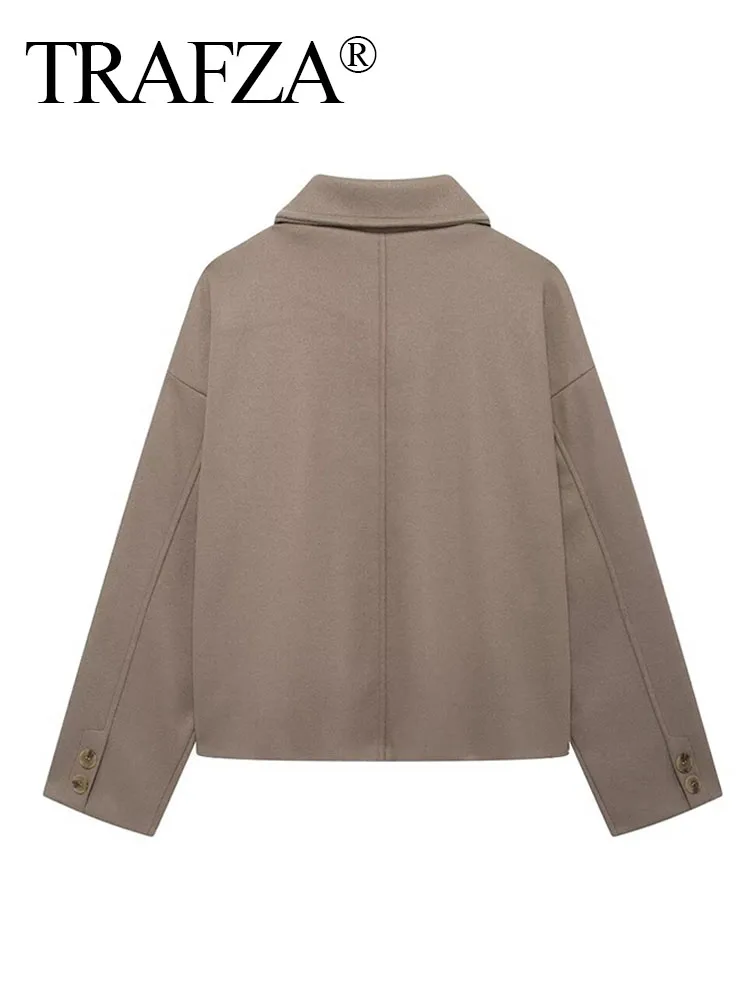 TRAFZA Autumn Jackets Woman Trendy Solid Turn-Down Collar Long Sleeves Button Pocket Single Breasted Female Casual Coats