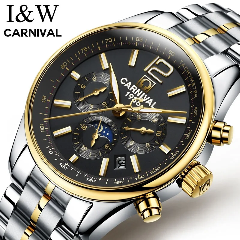 CARNIVAL IW For Mens Watch Automatic Mechanical WristWatch Six Pins Moon Phase Date Luminous  Stainless Steel Case Sport Relogio