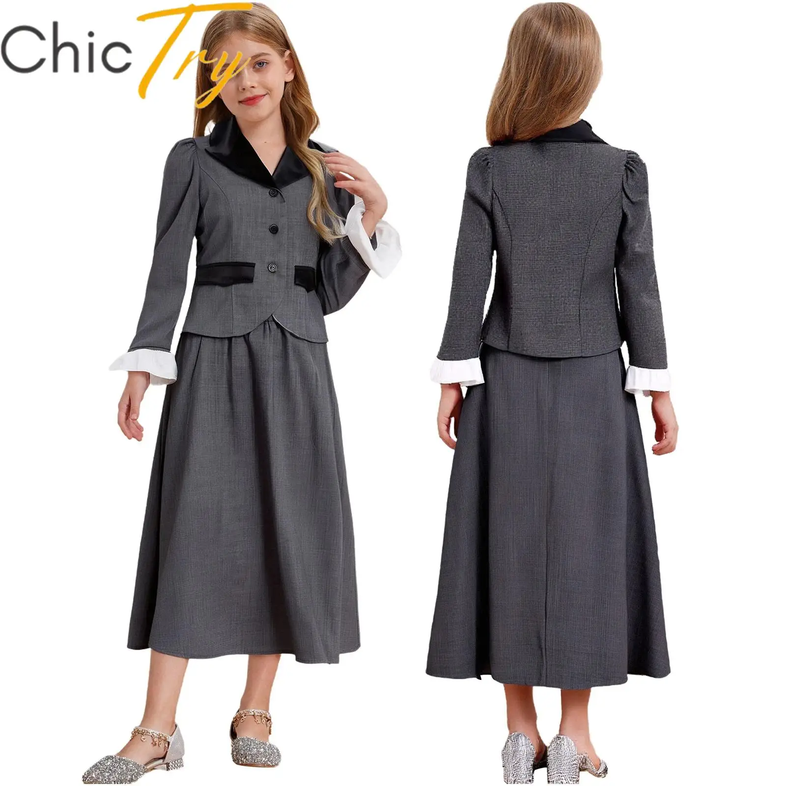 Disfraz de governante victoriana para niñas, vestido de niñera inglesa, traje victoriano, conjunto de abrigo y falda, juego de rol pionero, 2 uds.