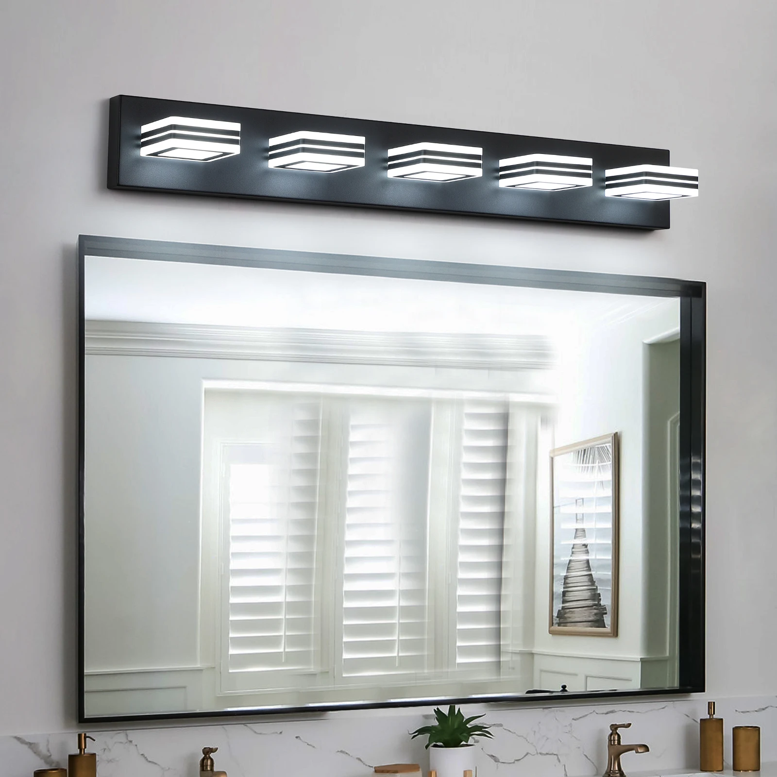 

LED Modern Black Vanity Lights, 5-Lights Acrylic Matte Black Bathroom Vanity Lights Over Mirror
