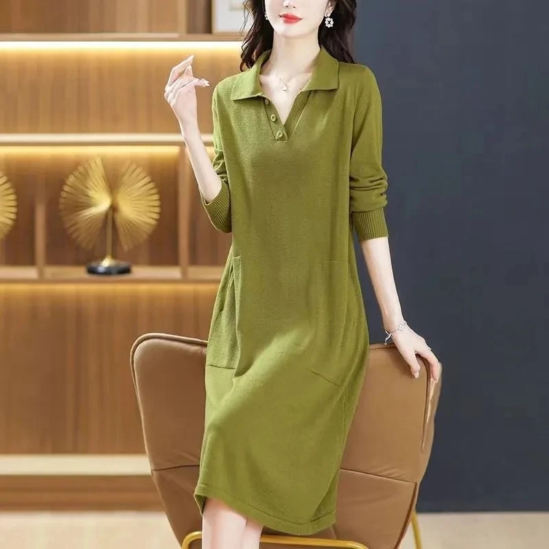 Mom\'s Autumn And Winter Thick Knitted Wool Dress Wool Sweater Slim High-End Knee Length Long Sleeved Dress Loose Plus Size XXXL