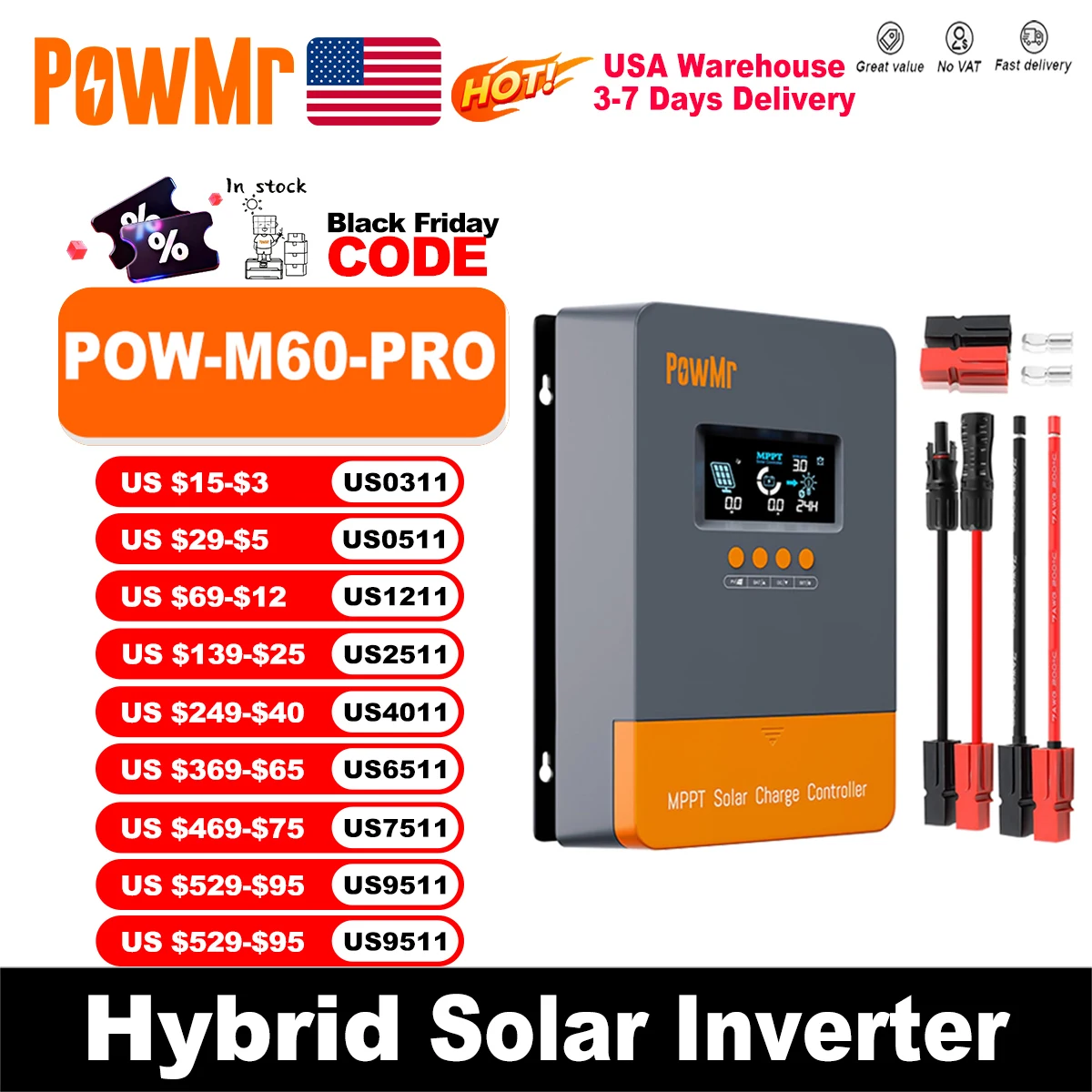 

PowMr MPPT 60A Solar Charge Controller for 12/24/36/48V Battery Max 160VDC PV Panel Input With Big Screen And New Wiring Ports