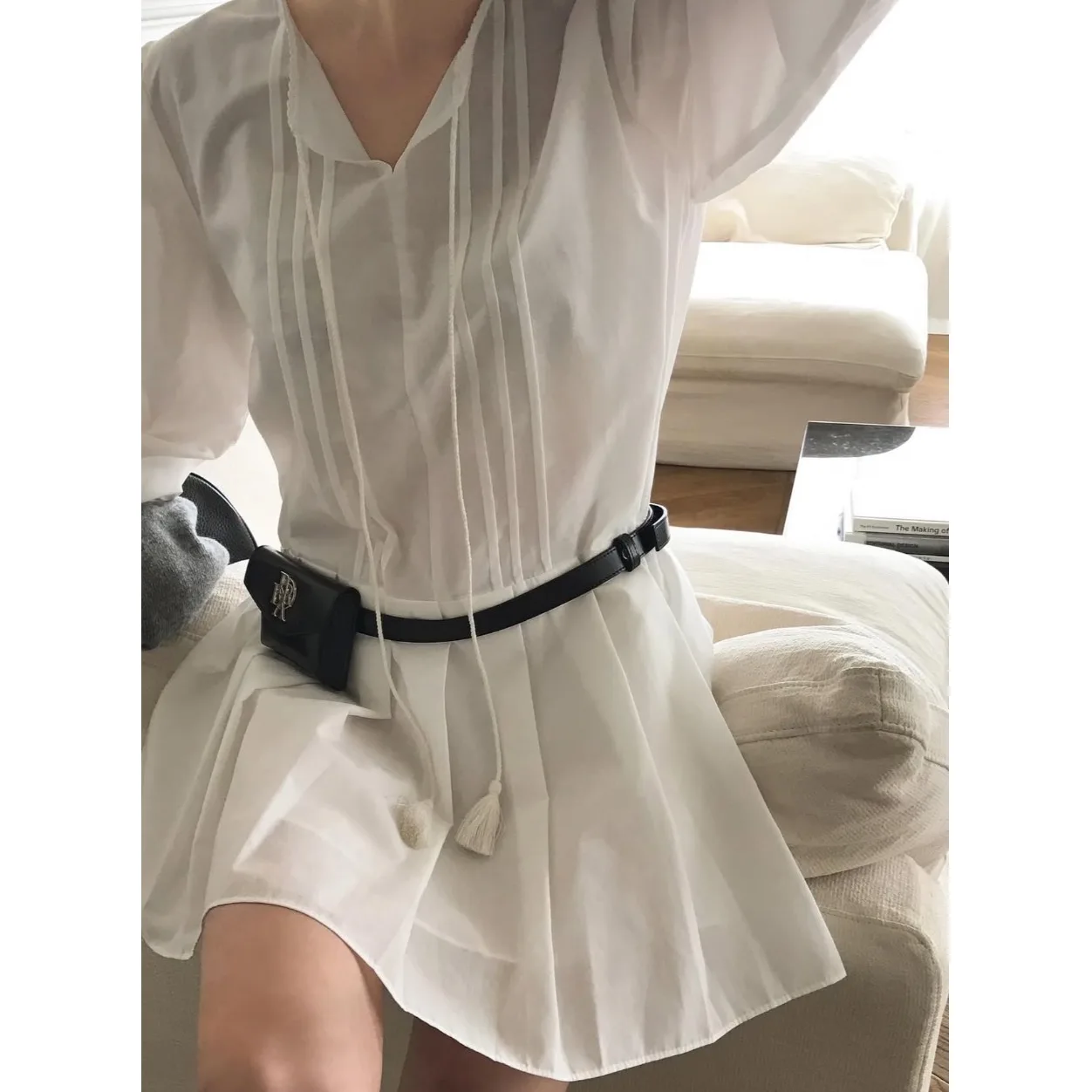 엘레 시크 이른 봄 V넥 태슬 드 여성 패션 에이지 디파잉 플리츠 스커트 한국 스타일 봄 가을 겨울 드