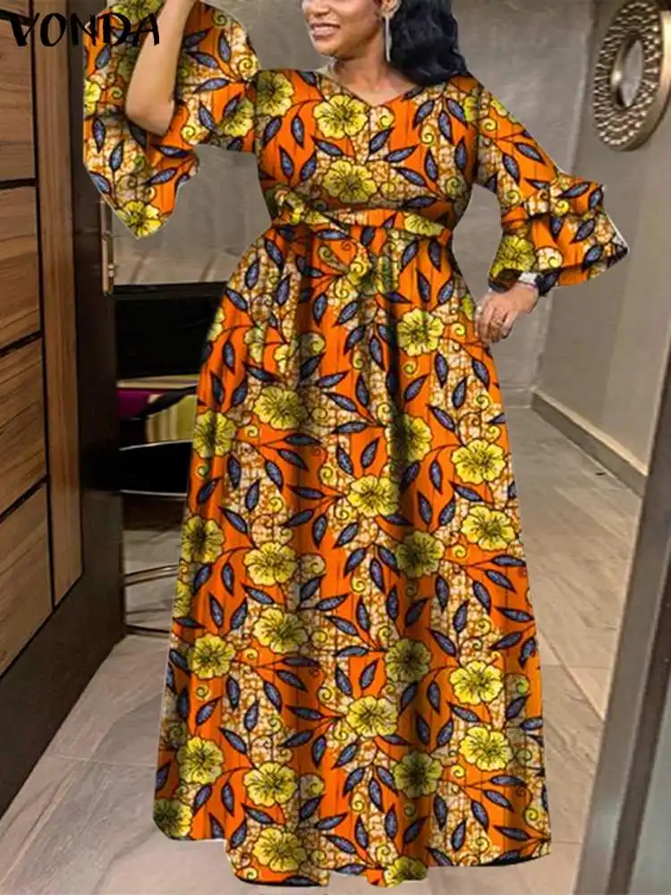 VONDA 2024 Elegant Maxi Dress Women Bohemian Floral Printed Dresses Sexy V-Neck Long Sleeve Ruffled Vestidos Casual Loose Robe