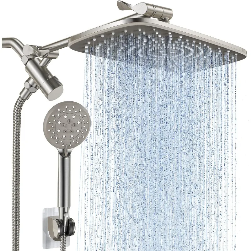 11.8 Inch Rectangle High Pressure Rain Shower Head Combo with Extension Arm- Wide Showerhead with 6 Handheld Water Spray