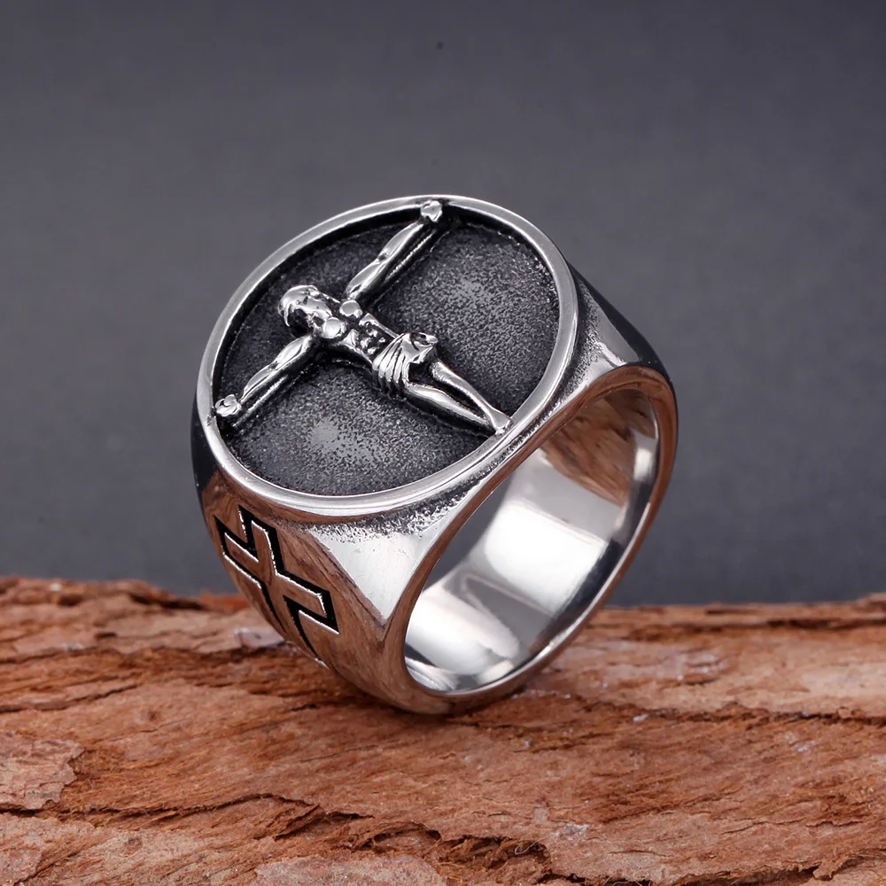 

Vintage Catholic Jesus Cross Ring Men Punk Hip Hop Stainless Steel Biker Jesus Signet Rings Jewelry Amulet Gift Wholesale