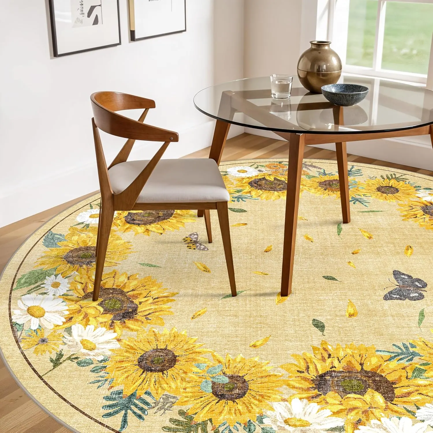 Sunflower Farmhouse Round Rug – Soft Non-Slip Easy Clean Carpet for Pet-Friendly Living Room Home Decor