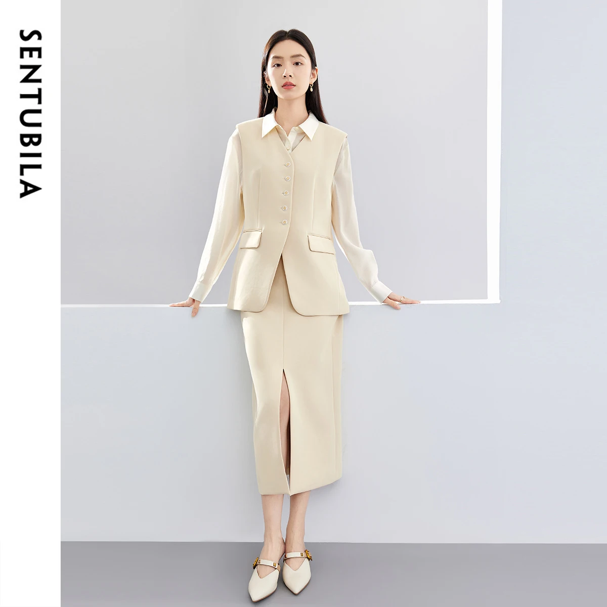 

SENTUBILA 3 Piece High-end Skirt Suits Women 2025 Spring Autumn Office Outfit Elegant V-neck Waistcoat Shirt Skirt Set 141Z52876