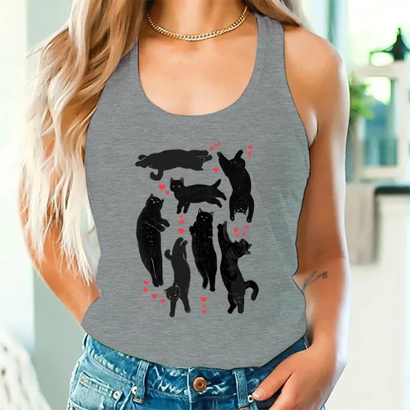 Cute Kittens Valentine Sexy Tops Fashion Woman Racerback Tank Top Valentine Black Cat Lover Gift Cat Mom Holiday Fashion Tanks