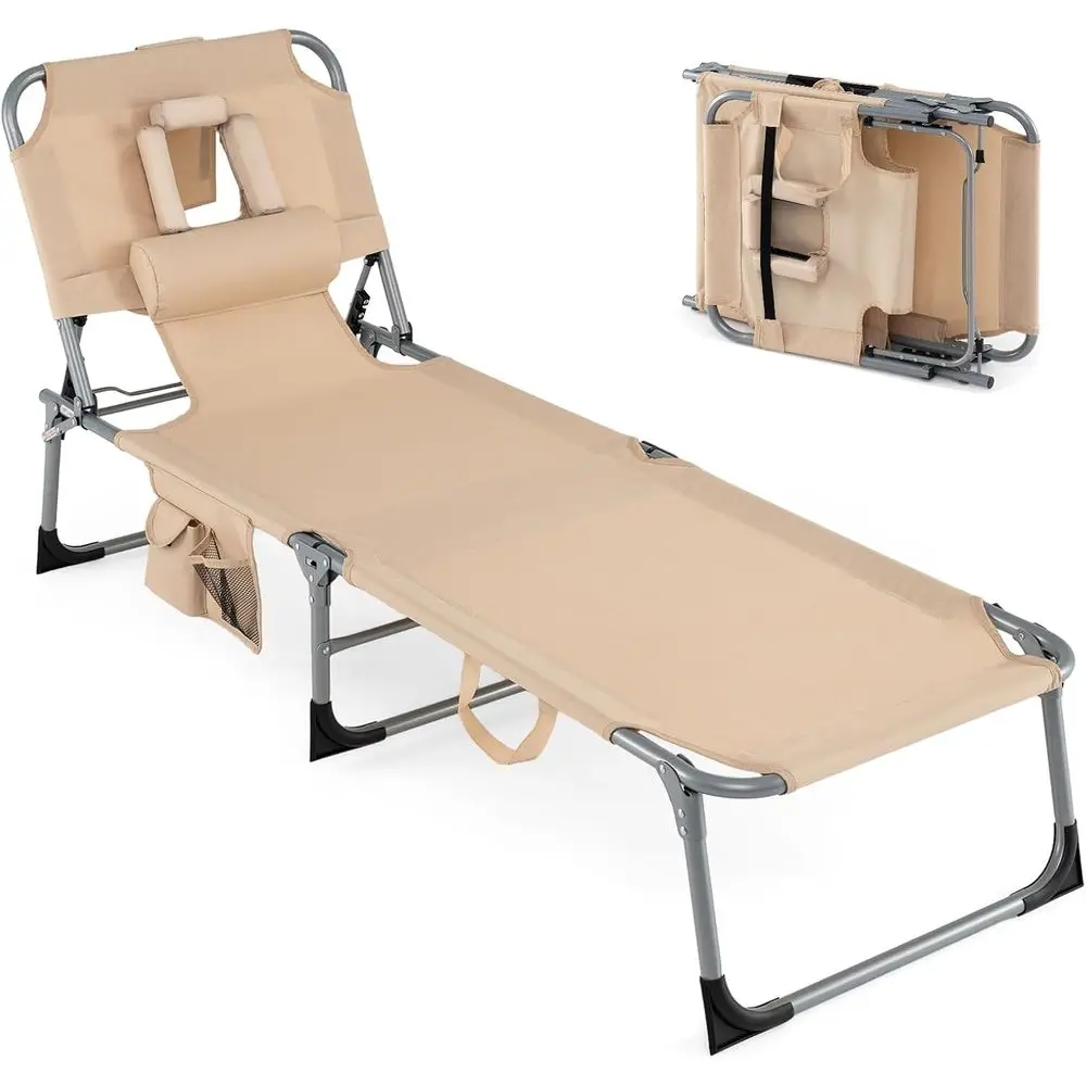 Portable Outdoor Chaise Lounge with Adjustable Backrest, Side Table, Pillow, and Hole for Umbrella (2, Beige)