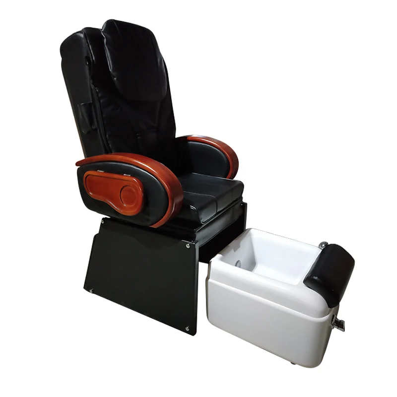 Black PU Pedicure Spa Chair, Electric Reclining Foot Massage Chair with White Fiberglass Foot Tub and Solid Wood Armrest for Nai
